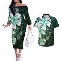 Polynesia Romantic Valentine Couples Matching Off The Shoulder Long Sleeve Dress and Hawaiian Shirt Sea Turtle Couple With Aqua Gradient Plumeria LT05 Aqua - Polynesian Pride