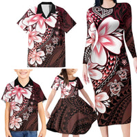 Polynesia Romantic Valentine Family Matching Long Sleeve Bodycon Dress and Hawaiian Shirt Sea Turtle Couple With Red Gradient Plumeria LT05 - Polynesian Pride