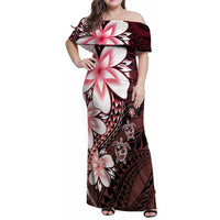Polynesia Romantic Valentine Family Matching Off Shoulder Maxi Dress and Hawaiian Shirt Sea Turtle Couple With Red Gradient Plumeria LT05 Mom's Dress Red - Polynesian Pride