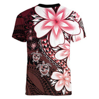 Polynesia Romantic Valentine Women V-Neck T-Shirt Sea Turtle Couple With Red Gradient Plumeria LT05 - Polynesian Pride