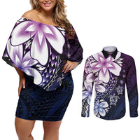Polynesia Romantic Valentine Couples Matching Off Shoulder Short Dress and Long Sleeve Button Shirt Sea Turtle Couple With Purple Gradient Plumeria LT05 Purple - Polynesian Pride