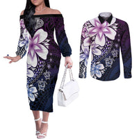 Polynesia Romantic Valentine Couples Matching Off The Shoulder Long Sleeve Dress and Long Sleeve Button Shirt Sea Turtle Couple With Purple Gradient Plumeria LT05 Purple - Polynesian Pride