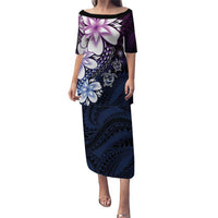 Polynesia Romantic Valentine Puletasi Sea Turtle Couple With Purple Gradient Plumeria