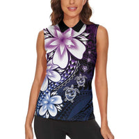 Polynesia Romantic Valentine Women Sleeveless Polo Shirt Sea Turtle Couple With Purple Gradient Plumeria LT05 - Polynesian Pride