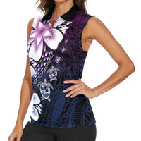 Polynesia Romantic Valentine Women Sleeveless Polo Shirt Sea Turtle Couple With Purple Gradient Plumeria LT05 - Polynesian Pride