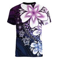 Polynesia Romantic Valentine Women V-Neck T-Shirt Sea Turtle Couple With Purple Gradient Plumeria