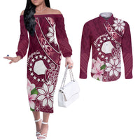 Personalised Cook Island Mangaia Gospel Day Couples Matching Off The Shoulder Long Sleeve Dress and Long Sleeve Button Shirt Floral Tribal Pattern LT05 Maroon - Polynesian Pride