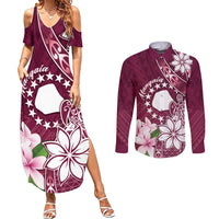 Personalised Cook Island Mangaia Gospel Day Couples Matching Summer Maxi Dress and Long Sleeve Button Shirt Floral Tribal Pattern LT05 Maroon - Polynesian Pride