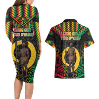 Vanuatu 45th Anniversary Independence Day Couples Matching Long Sleeve Bodycon Dress and Hawaiian Shirt Melanesian Warrior With Sand Drawing Pattern LT05 - Polynesian Pride