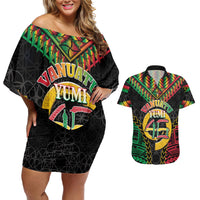 Vanuatu 45th Anniversary Independence Day Couples Matching Off Shoulder Short Dress and Hawaiian Shirt Melanesian Warrior With Sand Drawing Pattern LT05