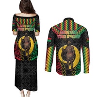 Vanuatu 45th Anniversary Independence Day Couples Matching Puletasi and Long Sleeve Button Shirt Melanesian Warrior With Sand Drawing Pattern LT05