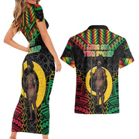 Vanuatu 45th Anniversary Independence Day Couples Matching Short Sleeve Bodycon Dress and Hawaiian Shirt Melanesian Warrior With Sand Drawing Pattern LT05 - Polynesian Pride