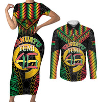 Vanuatu 45th Anniversary Independence Day Couples Matching Short Sleeve Bodycon Dress and Long Sleeve Button Shirt Melanesian Warrior With Sand Drawing Pattern LT05