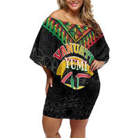 Vanuatu 45th Anniversary Independence Day Family Matching Off Shoulder Short Dress and Hawaiian Shirt Melanesian Warrior With Sand Drawing Pattern LT05 Mom's Dress Black - Polynesian Pride