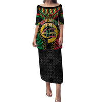 Vanuatu 45th Anniversary Independence Day Family Matching Puletasi and Hawaiian Shirt Melanesian Warrior With Sand Drawing Pattern LT05 Mom's Dress Black - Polynesian Pride