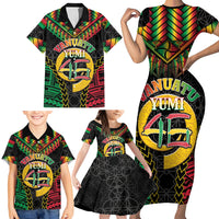 Vanuatu 45th Anniversary Independence Day Family Matching Short Sleeve Bodycon Dress and Hawaiian Shirt Melanesian Warrior With Sand Drawing Pattern LT05 - Polynesian Pride