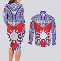 Personalised Taiwan Couples Matching Long Sleeve Bodycon Dress and Long Sleeve Button Shirt Austronesian Tribal Tattoo Red LT05 - Polynesian Pride