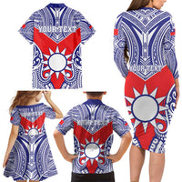 Personalised Taiwan Family Matching Long Sleeve Bodycon Dress and Hawaiian Shirt Austronesian Tribal Tattoo Red LT05 - Polynesian Pride