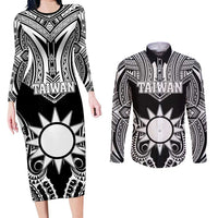 Personalised Taiwan Couples Matching Long Sleeve Bodycon Dress and Long Sleeve Button Shirt Austronesian Tribal Tattoo Black LT05 Black - Polynesian Pride