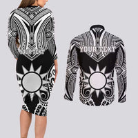 Personalised Taiwan Couples Matching Long Sleeve Bodycon Dress and Long Sleeve Button Shirt Austronesian Tribal Tattoo Black LT05 - Polynesian Pride