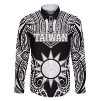 Personalised Taiwan Family Matching Off The Shoulder Long Sleeve Dress and Hawaiian Shirt Austronesian Tribal Tattoo Black LT05 Dad's Shirt - Long Sleeve Black - Polynesian Pride