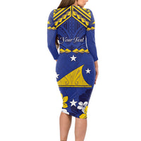 Personalised Tokelau Happy Tokehega Day Long Sleeve Bodycon Dress Polynesian Tribal Tattoo