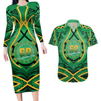 Cook Islands Constitution Day Couples Matching Long Sleeve Bodycon Dress and Hawaiian Shirt 60th Anniversary LT05 Green - Polynesian Pride