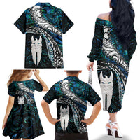 New Zealand Aotearoa Family Matching Off The Shoulder Long Sleeve Dress and Hawaiian Shirt Maori Hei Rehua Paua Shell Glitter Green LT05 - Polynesian Pride
