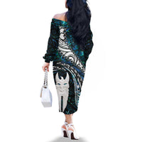 New Zealand Aotearoa Family Matching Off The Shoulder Long Sleeve Dress and Hawaiian Shirt Maori Hei Rehua Paua Shell Glitter Green LT05 - Polynesian Pride