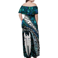 New Zealand Aotearoa Family Matching Off Shoulder Maxi Dress and Hawaiian Shirt Maori Hei Rehua Paua Shell Glitter Green LT05 - Polynesian Pride