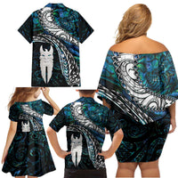 New Zealand Aotearoa Family Matching Off Shoulder Short Dress and Hawaiian Shirt Maori Hei Rehua Paua Shell Glitter Green LT05 - Polynesian Pride