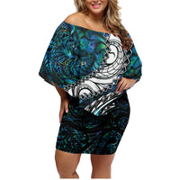 New Zealand Aotearoa Family Matching Off Shoulder Short Dress and Hawaiian Shirt Maori Hei Rehua Paua Shell Glitter Green LT05 Mom's Dress Green - Polynesian Pride