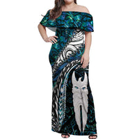 New Zealand Aotearoa Off Shoulder Maxi Dress Maori Hei Rehua Paua Shell Glitter Green LT05 Women Green - Polynesian Pride
