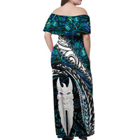 New Zealand Aotearoa Off Shoulder Maxi Dress Maori Hei Rehua Paua Shell Glitter Green LT05 - Polynesian Pride