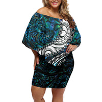 New Zealand Aotearoa Off Shoulder Short Dress Maori Hei Rehua Paua Shell Glitter Green LT05 Women Green - Polynesian Pride