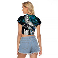 New Zealand Aotearoa Raglan Cropped T Shirt Maori Hei Rehua Paua Shell Glitter Green LT05 - Polynesian Pride
