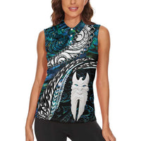 New Zealand Aotearoa Women Sleeveless Polo Shirt Maori Hei Rehua Paua Shell Glitter Green LT05 - Polynesian Pride