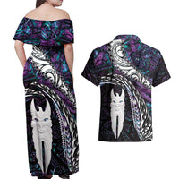 New Zealand Aotearoa Couples Matching Off Shoulder Maxi Dress and Hawaiian Shirt Maori Hei Rehua Paua Shell Glitter Purple LT05 - Polynesian Pride