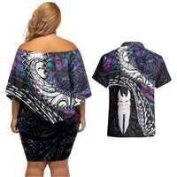 New Zealand Aotearoa Couples Matching Off Shoulder Short Dress and Hawaiian Shirt Maori Hei Rehua Paua Shell Glitter Purple LT05 - Polynesian Pride