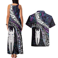 New Zealand Aotearoa Couples Matching Tank Maxi Dress and Hawaiian Shirt Maori Hei Rehua Paua Shell Glitter Purple LT05 - Polynesian Pride