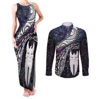 New Zealand Aotearoa Couples Matching Tank Maxi Dress and Long Sleeve Button Shirt Maori Hei Rehua Paua Shell Glitter Purple LT05 Purple - Polynesian Pride