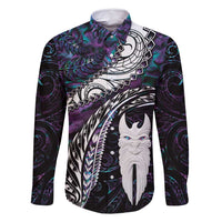 New Zealand Aotearoa Family Matching Mermaid Dress and Hawaiian Shirt Maori Hei Rehua Paua Shell Glitter Purple LT05 Dad's Shirt - Long Sleeve Purple - Polynesian Pride