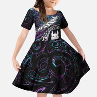 New Zealand Aotearoa Family Matching Off The Shoulder Long Sleeve Dress and Hawaiian Shirt Maori Hei Rehua Paua Shell Glitter Purple LT05 Daughter's Dress Purple - Polynesian Pride