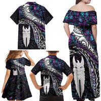 New Zealand Aotearoa Family Matching Off Shoulder Maxi Dress and Hawaiian Shirt Maori Hei Rehua Paua Shell Glitter Purple LT05 - Polynesian Pride