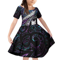 New Zealand Aotearoa Family Matching Off Shoulder Short Dress and Hawaiian Shirt Maori Hei Rehua Paua Shell Glitter Purple LT05 Daughter's Dress Purple - Polynesian Pride