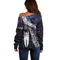 New Zealand Aotearoa Off Shoulder Sweater Maori Hei Rehua Paua Shell Glitter Purple LT05 - Polynesian Pride