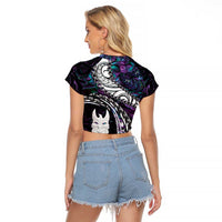 New Zealand Aotearoa Raglan Cropped T Shirt Maori Hei Rehua Paua Shell Glitter Purple LT05 - Polynesian Pride