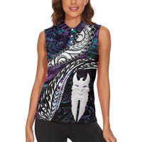 New Zealand Aotearoa Women Sleeveless Polo Shirt Maori Hei Rehua Paua Shell Glitter Purple LT05 - Polynesian Pride