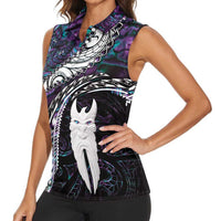New Zealand Aotearoa Women Sleeveless Polo Shirt Maori Hei Rehua Paua Shell Glitter Purple LT05 - Polynesian Pride