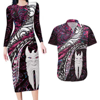 New Zealand Aotearoa Couples Matching Long Sleeve Bodycon Dress and Hawaiian Shirt Maori Hei Rehua Paua Shell Glitter Pink LT05 Pink - Polynesian Pride